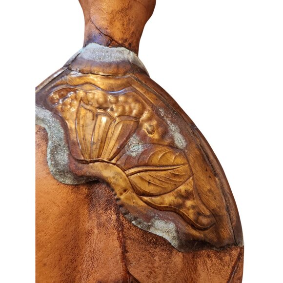 Vintage Handcrafted Leather & Metal Decorative Flask With Floral Embossing - Picture 4 of 6